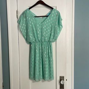 Francesca's Buttons Dress. Sea Foam Green with gold pattern. Medium
